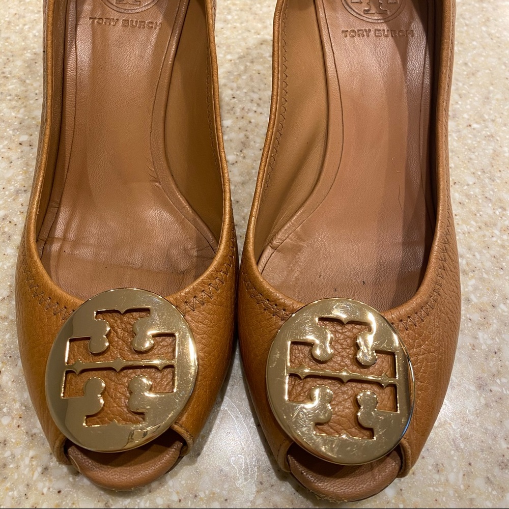 Tory Burch peep toe multi logo wedge